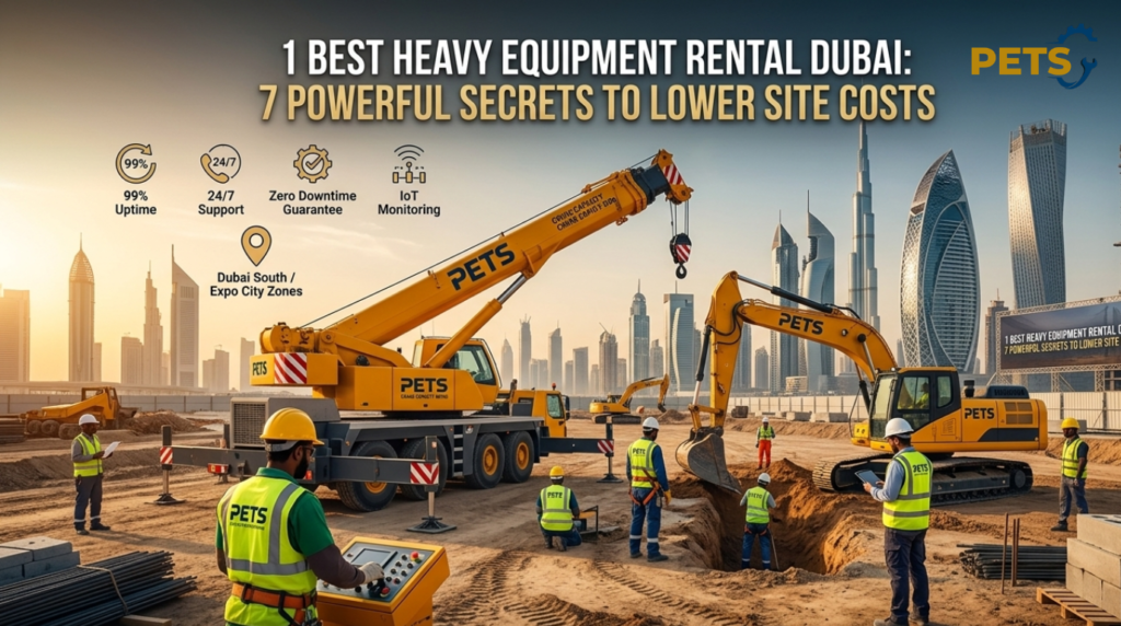 Certified professional team utilizing Heavy Equipment Rental Dubai for a 2026 mega project, featuring a PETS crane and excavator with 99% uptime.