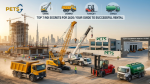 A professional fleet for heavy equipment rental in Dubai featuring PETS branded cranes, dumper trucks, and forklifts on a 2026 construction site.