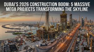 Massive construction cranes and skyscrapers under development during Dubai’s 2026 construction boom, featuring Palm Jebel Ali and Dubai Creek Tower.
