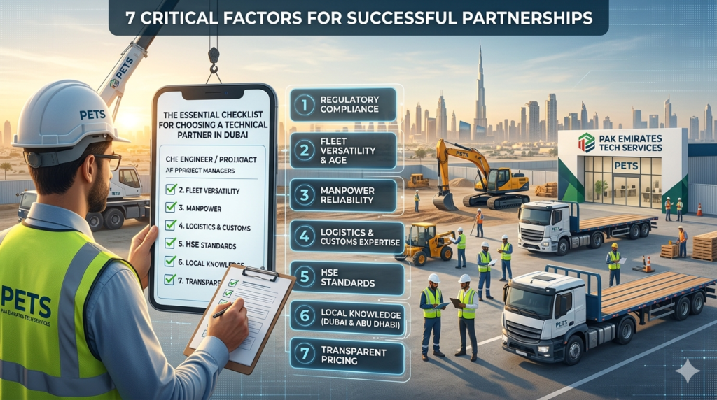 7-point checklist for choosing a technical partner in Dubai, showing a project manager reviewing construction service criteria on a tablet.
