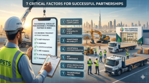 7-point checklist for choosing a technical partner in Dubai, showing a project manager reviewing construction service criteria on a tablet.