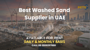 A Pak Emirates Tech Services dumper truck delivering premium construction materials as a leading Washed Sand Supplier in UAE on a Dubai site.