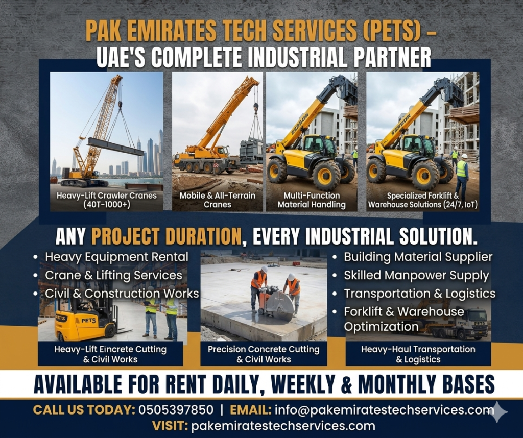 Industrial Support Services UAE at a 2026 PETS site featuring heavy equipment and certified technical staff.