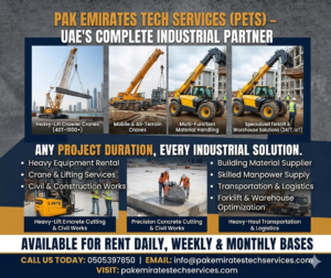 Industrial Support Services UAE at a 2026 PETS site featuring heavy equipment and certified technical staff.
