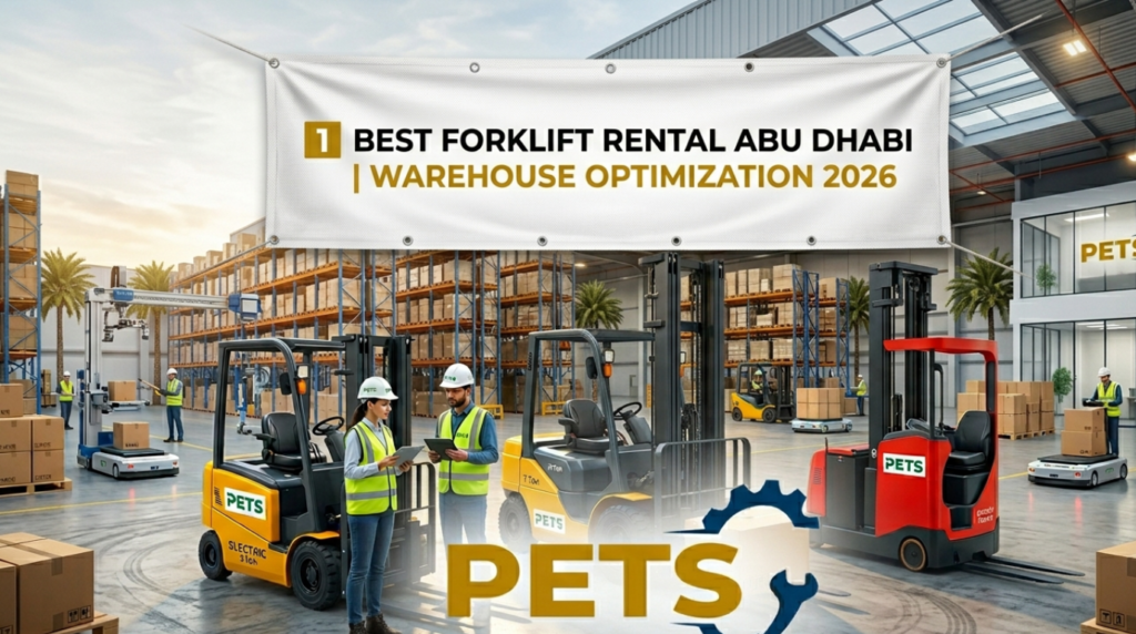 Certified forklifts and operators for Warehouse Automation Solutions UAE at a 2026 PETS logistics facility in Abu Dhabi.