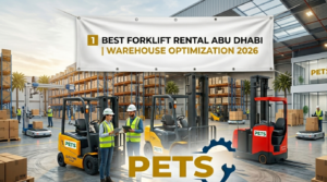 Certified forklifts and operators for Warehouse Automation Solutions UAE at a 2026 PETS logistics facility in Abu Dhabi.